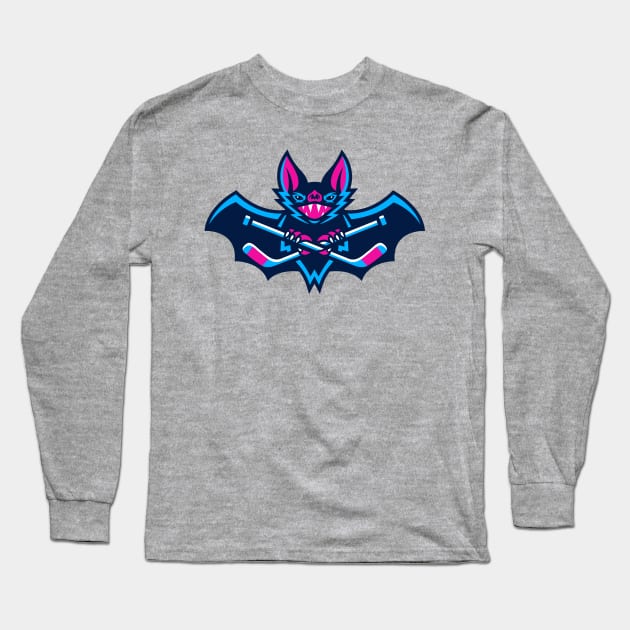 Bold Hockey Bat Sports Mascot T-Shirt: Unique Bat & Crossed Hockey Sticks Design for Fans and Teams! Long Sleeve T-Shirt by CC0hort